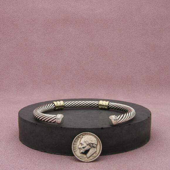 david yurman sterling silver & 14k gold classic cable cuff bracelet size 6.5in - Picture 2 of 3
